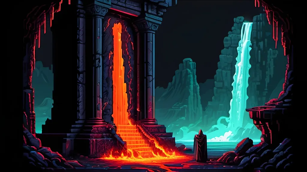 Prompt: necromancer summoning demon, dark fantasy, ancient ruins, retro arcade, lava waterfalls, retro painting, 1980s dark fantasy, detailed pixel art, realistic, dynamic view