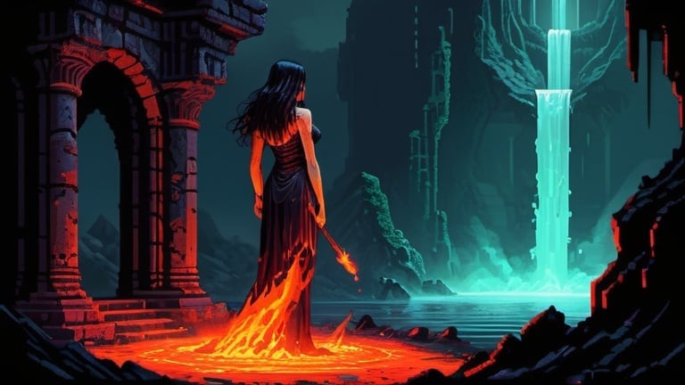 Prompt: female necromancer summoning demon, dark fantasy, ancient ruins, retro arcade, lava waterfalls, retro painting, 1980s dark fantasy, detailed pixel art, realistic, dynamic view