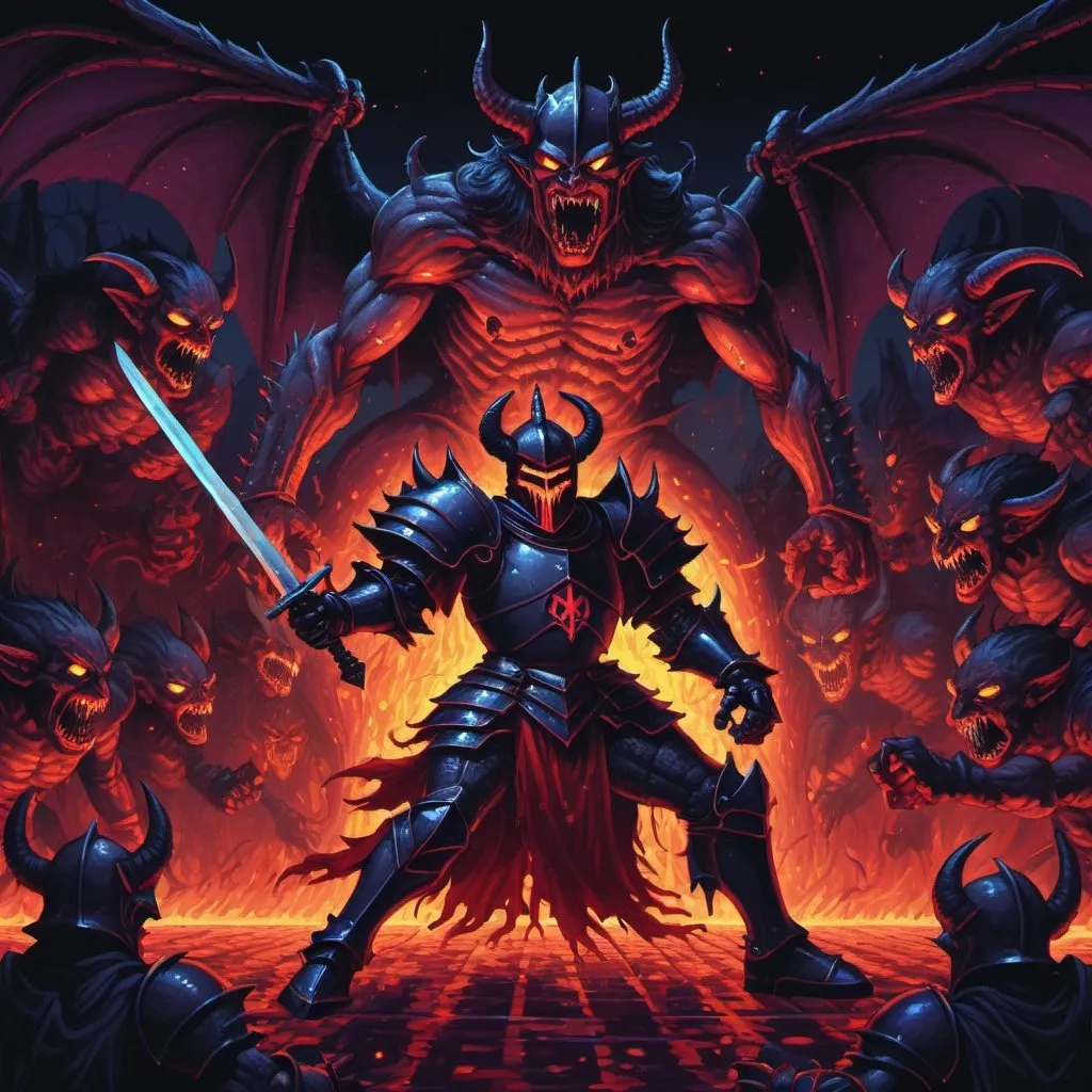 Prompt: knight fighting army of demons, detailed pixel art, retro painting, dark fantasy, demons, 1980s arcade aesthetic, dynamic view, retro style, atmospheric lighting, highres, dark fantasy, retro arcade, pixel art, demons, 1980s, satanic ritual, detailed scenery, dynamic view, retro style, atmospheric lighting