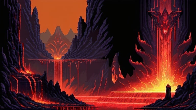 Prompt: necromancerdoing satanhic summoning ritual, dark fantasy, retro arcade, lava waterfalls, retro painting, 1980s dark fantasy, detailed pixel art, dynamic view, demons, detailed scenery
