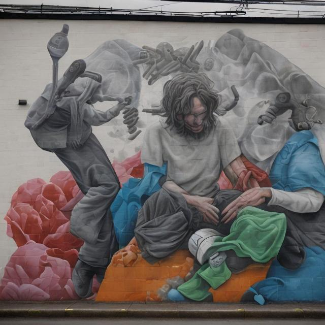 Prompt: Mural about addiction