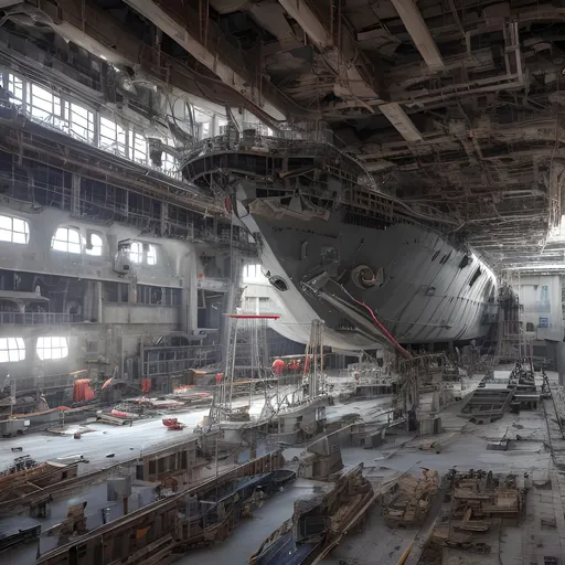 Prompt: a modern battleship in a dry dock under repair 4k photo-realistic
