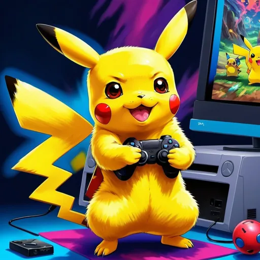 Prompt: Pikachu playing Playstation, vibrant colors, cartoon style, detailed fur, intense concentration, high quality, cartoon, bright colors, detailed fur, gaming console, joyful expression