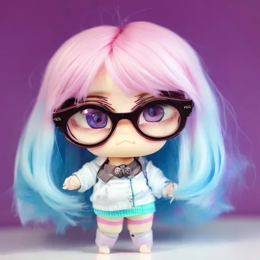 Prompt: Pink hair blue eyes glasses fat chibi 
 girl
