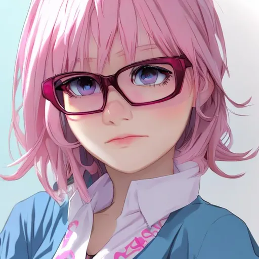 Prompt: Pink short hair blue eyed glasses fat anime girl
