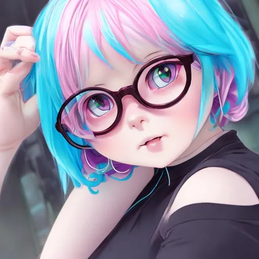 Prompt: Short pink hair blue eyed fat anime girl with glasses
