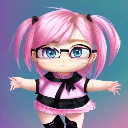 Prompt: Pink short hair blue eyed glasses fat chibi girl
