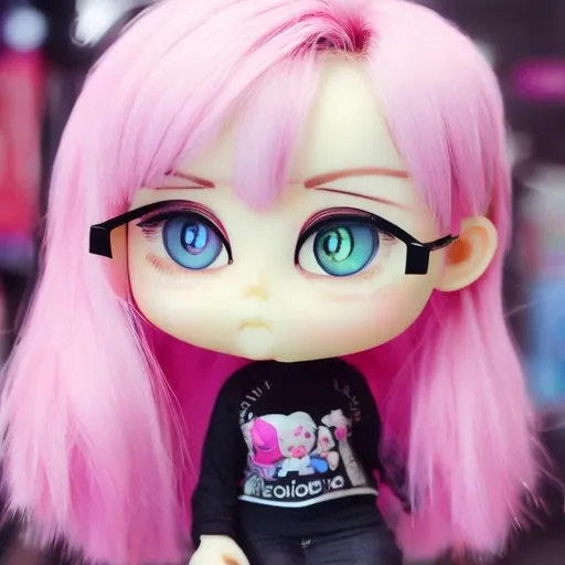 Prompt: Pink short hair blue eyed glasses fat chibi girl
