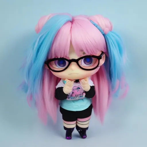 Prompt: Pink hair blue eyes glasses fat chibi 
 girl
