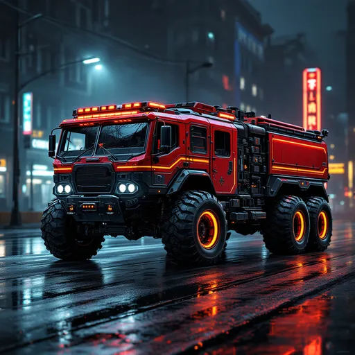 Prompt: heavily modified cyberpunk firetruck operating in gang war zones, single front axle with large wheels, three rear axles on the main chassis, matte black and dark red armor plating, reinforced futuristic body, cyberpunk emergency lights on roof and sides, glowing neon ring lights on all wheels, exposed tactical equipment, armored windows, heavy exhausts, scorched and dirty surfaces, parked on wet asphalt, night dystopian city background, neon reflections on the street, realistic lighting, highly detailed, 8k photoreal render
