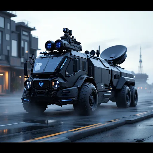 Prompt: Futuristic corporate surveillance and early-warning truck, designed for signal interception and perimeter control in restricted high-tech zones.
Features: armored command cabin, retractable satellite dishes, rotating radar domes, encrypted communication antennas, blue-lit sensor modules.
Appearance: matte black or metallic grey, no weapons, clean lines, brutalist body, elite tactical detailing.
Visual cues: corporate emblems, reinforced compartments, cooling systems, exposed tech panels.
Background: private megacorp facility, high-security urban base, data towers, drone pads, slick industrial architecture.
Vibe: exclusive, elite-only equipment — used to anticipate threats before they surface.
Cinematic, dark corporate tone, detailed lighting, realistic textures, no desert.