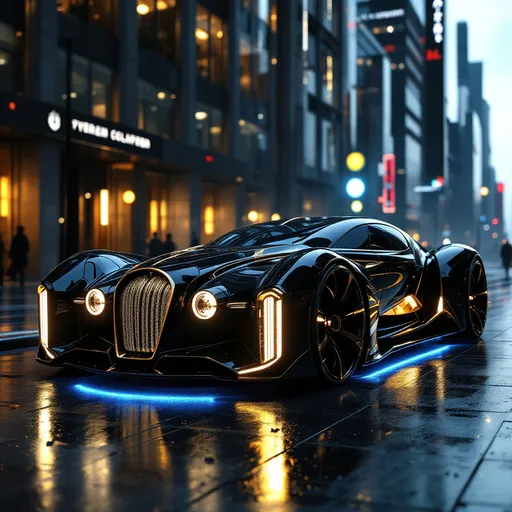 Prompt: ultra-luxury cyberpunk vehicle, inspired by brutalist architecture and royal design, aerodynamic and aggressive silhouette, black and chrome exterior with gold accents, sharp reflective surfaces, ceremonial grille, hovering or low ground stance, sleek windowless design, neon underglow in cold white or royal blue, elite government transport for corrupt VVIPs, futuristic post-apocalyptic street, corporate dystopia environment, overpowered and untouchable, AI-generated car concept
