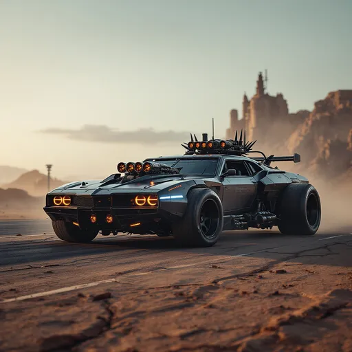 Prompt: Cyberpunk desert interceptor patrol car, built for high-speed chases and lethal interception in post-apocalyptic outskirts.
Inspired by Mad Max's V8 Interceptor, featuring an exposed blower engine, wide rear tires, brutalist armor plating, matte black body, reinforced chassis, external fuel tanks, and front-mounted spike rams.
Design blends retro muscle car silhouette with cyberpunk elements: angular plating, tactical LED strips, exhaust heat vents, and light scarring from combat.
No neon — only dust, rust, and silence.
Background: arid desert road, cracked asphalt, ruined outposts or industrial wreckage.
Vibe: lawless zone patrol, dystopian enforcer, engineered intimidation.
Style: gritty, high-detail, cinematic, cinematic lighting, 4k resolution.