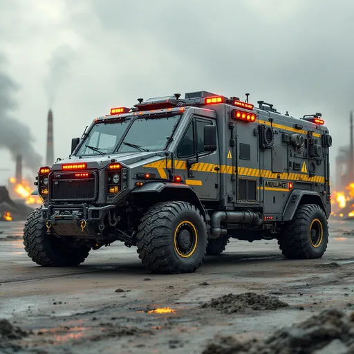 Prompt: heavily armored cyberpunk ambulance designed for industrial zone emergencies, rugged vehicle with reinforced thermal shielding, matte silver and yellow hazard markings, exposed pipes and cooling units, low industrial suspension, mechanical clamps on sides, red warning lights with amber strobes, weathered body covered in ash and soot, heavy-duty tires with neon ring lighting, oil-stained ground in background, smokestacks and fire bursts in distance, cyberpunk setting, photorealistic 8k render
