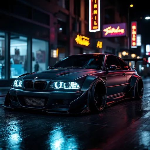 Prompt: O ChatGPT disse:
Aqui está o prompt ajustado para a BMW GTR M3 E46 com blindagem leve e mantendo o estilo cyberpunk:

Prompt para BMW GTR M3 E46 - Outdrive Division (Cyberpunk, Blindagem Leve):
"Custom BMW M3 E46, fully modified for high-speed getaways, stealth operations, and secure VIP transportation in a cyberpunk urban environment. The vehicle should have advanced stealth technology, allowing it to blend into dark, neon-lit streets. The car’s design should be sleek, aggressive, and futuristic, with matte black or dark metallic gray bodywork, accented by subtle neon details (in dark tones like deep blue, purple, or green). It should feature lightweight military-grade armor to withstand urban combat while maintaining high-speed agility, enhanced suspension for chases through rough city terrain, and specialized tires for superior grip. The interior should be equipped with high-tech systems and secure compartments for VIPs, reflecting a cyberpunk aesthetic with glowing interfaces, augmented controls, and a futuristic cockpit. The exterior should showcase a clean, angular design, with sleek lines, aggressive curves, and futuristic lighting integrated into the bodywork