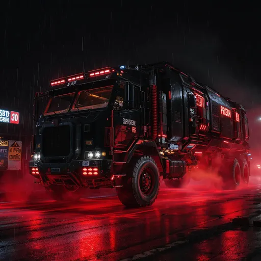 Prompt: A high-security prison transport truck in a dystopian cyberpunk setting. The vehicle is heavily armored, with visible plating and an industrial aesthetic, but also incorporates high-tech elements. It features a containment and isolation system. Intense, pulsating red lights surround the lower part and sides of the truck, giving the impression that it floats slightly or repels approach, creating a visual force field. The design is brutalist, with signs of degradation and use, and a color palette of steel, matte black, and dirty neon, with the red lights as a highlight. The environment is dark, urban, with minimal lighting