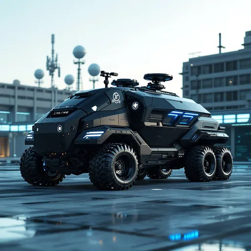 Prompt: Futuristic corporate surveillance and early-warning truck, designed for signal interception and perimeter control in restricted high-tech zones.
Features: armored command cabin, retractable satellite dishes, rotating radar domes, encrypted communication antennas, blue-lit sensor modules.
Appearance: matte black or metallic grey, no weapons, clean lines, brutalist body, elite tactical detailing.
Visual cues: corporate emblems, reinforced compartments, cooling systems, exposed tech panels.
Background: private megacorp facility, high-security urban base, data towers, drone pads, slick industrial architecture.
Vibe: exclusive, elite-only equipment — used to anticipate threats before they surface.
Cinematic, dark corporate tone, detailed lighting, realistic textures, no desert.