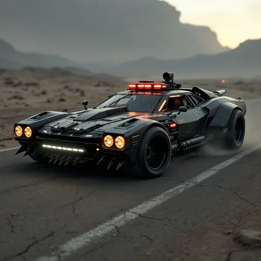 Prompt: Cyberpunk desert interceptor patrol car, built for high-speed chases and lethal interception in post-apocalyptic outskirts.
Inspired by Mad Max's V8 Interceptor, featuring an exposed blower engine, wide rear tires, brutalist armor plating, matte black body, reinforced chassis, external fuel tanks, and front-mounted spike rams.
Design blends retro muscle car silhouette with cyberpunk elements: angular plating, tactical LED strips, exhaust heat vents, and light scarring from combat.
No neon — only dust, rust, and silence.
Background: arid desert road, cracked asphalt, ruined outposts or industrial wreckage.
Vibe: lawless zone patrol, dystopian enforcer, engineered intimidation.
Style: gritty, high-detail, cinematic, cinematic lighting, 4k resolution.