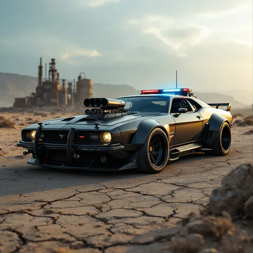 Prompt: Cyberpunk desert interceptor patrol car, inspired by Mad Max's V8 Interceptor. Built for high-speed pursuit in remote wasteland zones.
Exposed supercharged blower engine, muscle car body, matte black finish, wide rear tires, low aggressive stance, heavy-duty front bumper.
No spikes or tribal elements. Tactical design only — police-grade armor, reinforced doors, infrared LED patrol lights, dust-proof air intakes.
No neon — just scorched asphalt, cracked desert roads, and industrial ruins in the distance.
A vehicle for cyberpunk law enforcement in outer zones — clean, deadly, mechanical.
Cinematic, gritty, high-detail, 4K, brutalist realism.