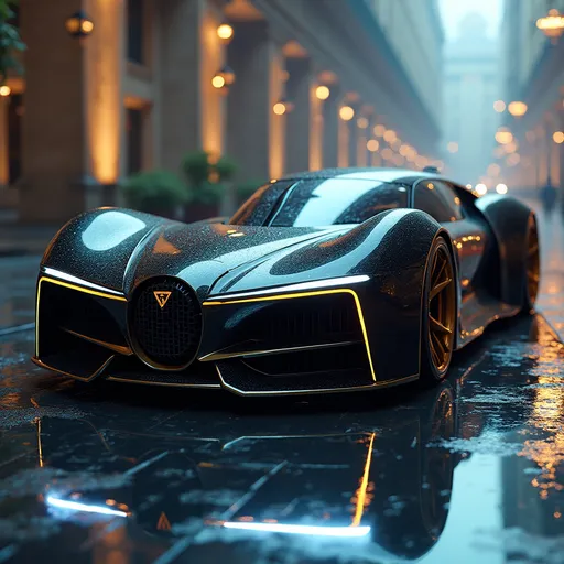 Prompt: ultra-luxury cyberpunk vehicle, inspired by brutalist architecture and royal design, aerodynamic and aggressive silhouette, black and chrome exterior with gold accents, sharp reflective surfaces, ceremonial grille, hovering or low ground stance, sleek windowless design, neon underglow in cold white or royal blue, elite government transport for corrupt VVIPs, futuristic post-apocalyptic street, corporate dystopia environment, overpowered and untouchable, AI-generated car concept