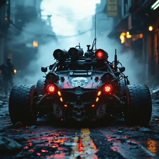 Prompt: cyberpunk suicide attack vehicle, heavily damaged and modified, exposed engine parts, welded metal plates, scavenged armor, explosive barrels and makeshift bombs strapped to exterior, skull graffiti and warning signs on body, burning oil leaks, red hazard lights blinking, reinforced front for ramming, matte black and rusty red paint, barbed wire details, neon cracks and smoke trails, set in dark dystopian alley, debris and fire in the background, photorealistic, gritty 8k render
