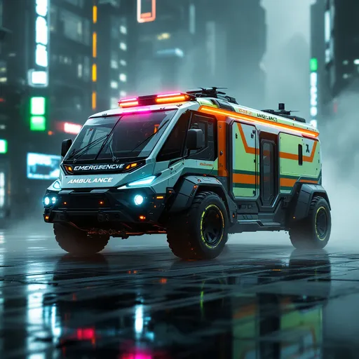 Prompt: futuristic cyberpunk emergency rescue vehicle, hybrid of ambulance and transport, drone launch pads on roof, large armored side doors, neon green and orange markings, low-profile heavy-duty body, glowing undercarriage, tactical headlights, hovering capabilities or reinforced wheels, urban warzone background, lights cutting through smoke, cinematic lighting, photorealistic style
