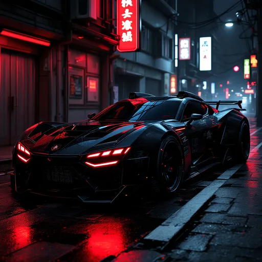 Prompt: cyberpunk luxury assault vehicle modified by yakuza-style gang, sleek matte black body with dark red neon underglow, aggressive silhouette, low stance, silent turbine engine, tinted armored windows, chrome katana details along the sides, kanji engravings on hood and doors, polished reinforced panels, minimalist weapon mounts, dragon or oni motifs engraved in steel, parked in a quiet neon-lit alley at night, light fog, glowing red signage, cyberpunk japanese city background, AI-generated concept

