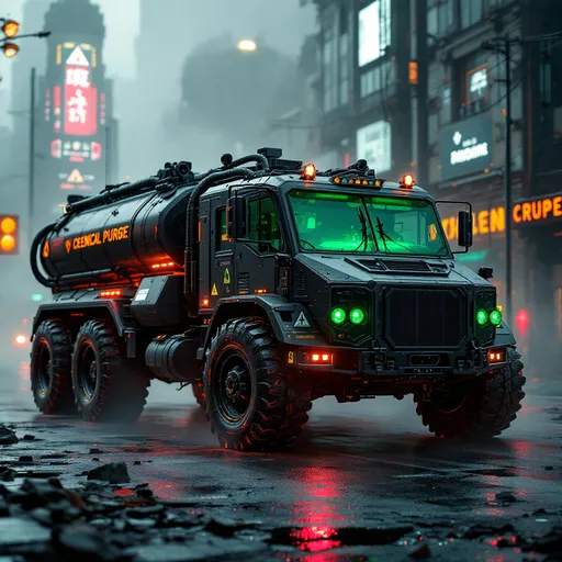 Prompt: armored cyberpunk chemical purge truck designed for gang zone neutralization, matte dark steel body, fully reinforced ballistic glass cockpit, no side windows, armored tank treads and industrial run-flat tires, multiple pressurized acid sprayers mounted on roof and sides, glowing green toxic fluid tanks, corrosive leak stains along body, hazard symbols and corporate warning labels, mechanical hoses and nozzles, chemical fog surrounding vehicle, city in decay with smog and ruined infrastructure, neon hazard strobes, photorealistic, brutalist, 8k cinematic render
