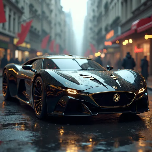 Prompt: ultra-luxury cyberpunk vehicle, inspired by brutalist architecture and royal design, aerodynamic and aggressive silhouette, black and chrome exterior with gold accents, sharp reflective surfaces, ceremonial grille, hovering or low ground stance, sleek windowless design, neon underglow in cold white or royal blue, elite government transport for corrupt VVIPs, futuristic post-apocalyptic street, corporate dystopia environment, overpowered and untouchable, AI-generated car concept