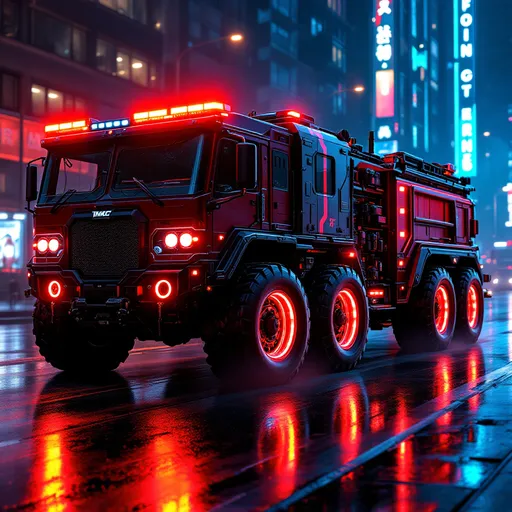Prompt: heavily modified cyberpunk firetruck operating in gang war zones, single front axle with large wheels, three rear axles on the main chassis, matte black and dark red armor plating, reinforced futuristic body, cyberpunk emergency lights on roof and sides, glowing neon ring lights on all wheels, exposed tactical equipment, armored windows, heavy exhausts, scorched and dirty surfaces, parked on wet asphalt, night dystopian city background, neon reflections on the street, realistic lighting, highly detailed, 8k photoreal render
