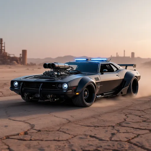 Prompt: Cyberpunk desert interceptor patrol car, inspired by Mad Max's V8 Interceptor. Built for high-speed pursuit in remote wasteland zones.
Exposed supercharged blower engine, muscle car body, matte black finish, wide rear tires, low aggressive stance, heavy-duty front bumper.
No spikes or tribal elements. Tactical design only — police-grade armor, reinforced doors, infrared LED patrol lights, dust-proof air intakes.
No neon — just scorched asphalt, cracked desert roads, and industrial ruins in the distance.
A vehicle for cyberpunk law enforcement in outer zones — clean, deadly, mechanical.
Cinematic, gritty, high-detail, 4K, brutalist realism.