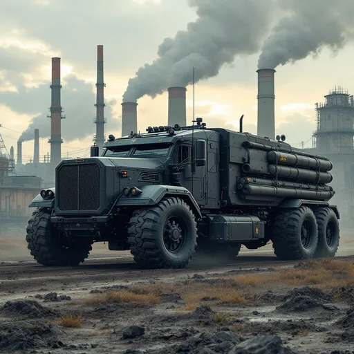 Prompt: Futuristic heavy-duty truck designed specifically for the transport of nuclear fuel rods in a cyberpunk industrial environment. The vehicle should have massive reinforced chassis, with military-grade armor to protect against any threats. The radiation shielding should be visibly integrated into the design, ensuring the safe transport of the highly radioactive material. The truck should feature large, rugged tires to handle rough, dirt roads leading to nuclear power plants or high-risk industrial zones. The design should emphasize industrial aesthetics with matte black, dark gray, and weathered metal finishes. Heavy-duty plating and reinforced compartments for safe storage of the nuclear fuel rods should be included. The exterior should have minimalist, tactical design with a low profile for improved stealth. The background should feature nuclear power plants, toxic waste zones, and industrial wastelands, with smoke stacks, rusty structures, and a sense of dangerous, post-apocalyptic urban environments