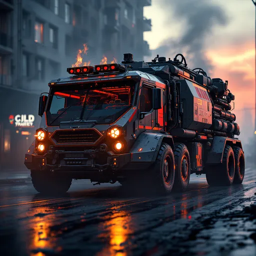 Prompt: heavily armored cyberpunk flamethrower truck designed for urban purification operations, thick ballistic glass cockpit, reinforced steel body panels, roof-mounted and side-mounted industrial flamethrowers, armored wheel wells with bulletproof run-flat tires, scorched and soot-stained bodywork, red and hazard-yellow markings, glowing fuel pipes and pressure tanks, turret camera sensors, no visible windows except front shield, dystopian war-torn city street at dusk, smoke and fire reflecting on wet asphalt, photorealistic 8k render, gritty, brutalist
