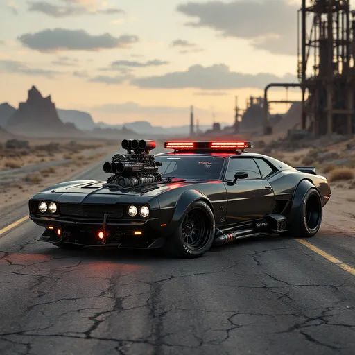 Prompt: Cyberpunk desert interceptor patrol car, inspired by Mad Max's V8 Interceptor. Built for high-speed pursuit in remote wasteland zones.
Exposed supercharged blower engine, muscle car body, matte black finish, wide rear tires, low aggressive stance, heavy-duty front bumper.
No spikes or tribal elements. Tactical design only — police-grade armor, reinforced doors, infrared LED patrol lights, dust-proof air intakes.
No neon — just scorched asphalt, cracked desert roads, and industrial ruins in the distance.
A vehicle for cyberpunk law enforcement in outer zones — clean, deadly, mechanical.
Cinematic, gritty, high-detail, 4K, brutalist realism.