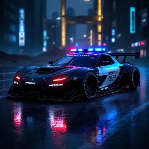 Prompt: cyberpunk-style Mazda RX-7 pursuit car, heavily modified for high-speed police interception, black and white tactical livery with glowing blue and red lights, reinforced bumpers, roof-mounted sirens, aggressive widebody kit, cybernetic details, decals with “INTERSTATE POLICE UNIT”, pursuit sensors and urban scanning modules, neon reflections on wet asphalt, dystopian city background or desert highway, AI-generated vehicle concept