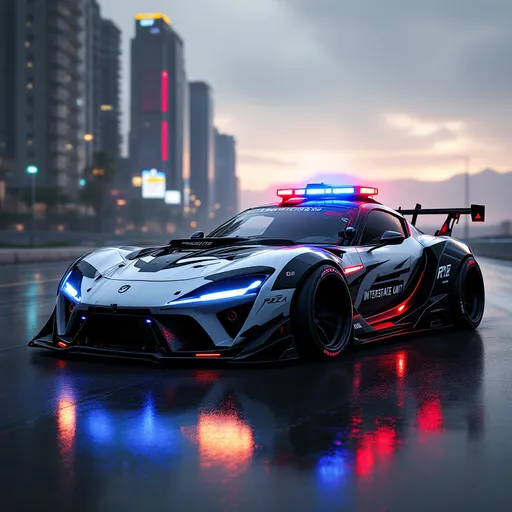 Prompt: cyberpunk-style Mazda RX-7 pursuit car, heavily modified for high-speed police interception, black and white tactical livery with glowing blue and red lights, reinforced bumpers, roof-mounted sirens, aggressive widebody kit, cybernetic details, decals with “INTERSTATE POLICE UNIT”, pursuit sensors and urban scanning modules, neon reflections on wet asphalt, dystopian city background or desert highway, AI-generated vehicle concept