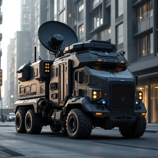 Prompt: Futuristic corporate surveillance and early-warning truck, designed for signal interception and perimeter control in restricted high-tech zones.
Features: armored command cabin, retractable satellite dishes, rotating radar domes, encrypted communication antennas, blue-lit sensor modules.
Appearance: matte black or metallic grey, no weapons, clean lines, brutalist body, elite tactical detailing.
Visual cues: corporate emblems, reinforced compartments, cooling systems, exposed tech panels.
Background: private megacorp facility, high-security urban base, data towers, drone pads, slick industrial architecture.
Vibe: exclusive, elite-only equipment — used to anticipate threats before they surface.
Cinematic, dark corporate tone, detailed lighting, realistic textures, no desert.