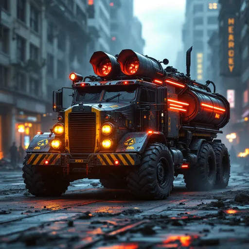 Prompt: armored cyberpunk urban flamethrower truck, built for anti-gang purges in reinforced city zones, industrial-grade flame cannons mounted on sides and roof, scorched plating, heat-scarred panels, hazard yellow and black markings, reinforced steel grille, charred bloodstains, armored fuel tanks, glowing pressure gauges, orange and red warning strobes, neon tubing running through weapon systems, urban battlefield at dusk, debris, smoke, and fire in background, photorealistic, brutalist, 8k cinematic render
