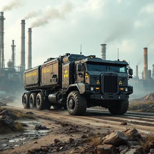 Prompt: Futuristic heavy-duty truck designed specifically for the transport of nuclear fuel rods in a cyberpunk industrial environment. The vehicle should have massive reinforced chassis, with military-grade armor to protect against any threats. The radiation shielding should be visibly integrated into the design, ensuring the safe transport of the highly radioactive material. The truck should feature large, rugged tires to handle rough, dirt roads leading to nuclear power plants or high-risk industrial zones. The design should emphasize industrial aesthetics with matte black, dark gray, and weathered metal finishes. Heavy-duty plating and reinforced compartments for safe storage of the nuclear fuel rods should be included. The exterior should have minimalist, tactical design with a low profile for improved stealth. The background should feature nuclear power plants, toxic waste zones, and industrial wastelands, with smoke stacks, rusty structures, and a sense of dangerous, post-apocalyptic urban environments