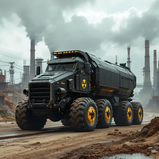 Prompt: Futuristic heavy-duty truck designed specifically for the transport of nuclear fuel rods in a cyberpunk industrial environment. The vehicle should have massive reinforced chassis, with military-grade armor to protect against any threats. The radiation shielding should be visibly integrated into the design, ensuring the safe transport of the highly radioactive material. The truck should feature large, rugged tires to handle rough, dirt roads leading to nuclear power plants or high-risk industrial zones. The design should emphasize industrial aesthetics with matte black, dark gray, and weathered metal finishes. Heavy-duty plating and reinforced compartments for safe storage of the nuclear fuel rods should be included. The exterior should have minimalist, tactical design with a low profile for improved stealth. The background should feature nuclear power plants, toxic waste zones, and industrial wastelands, with smoke stacks, rusty structures, and a sense of dangerous, post-apocalyptic urban environments