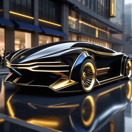 Prompt: ultra-luxury cyberpunk vehicle, inspired by brutalist architecture and royal design, aerodynamic and aggressive silhouette, black and chrome exterior with gold accents, sharp reflective surfaces, ceremonial grille, hovering or low ground stance, sleek windowless design, neon underglow in cold white or royal blue, elite government transport for corrupt VVIPs, futuristic post-apocalyptic street, corporate dystopia environment, overpowered and untouchable, AI-generated car concept