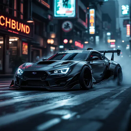 Prompt: A heavily modified, sleek cyberpunk Subaru WRX, designed for rapid extraction operations in a hostile urban environment, captured in a cinematic, wide-angle shot. The vehicle features reinforced armor plating, a powerful engine for high-speed chases, and integrated extraction tools like grappling hooks or magnetic clamps, emphasized in the detailed design. The car boasts a low profile, aggressive aesthetic with minimal white neon accents and a matte black/gunmetal gray finish. The Subaru WRX's design highlights its ability to navigate narrow city streets with agility and speed, providing protection and rapid escape during extraction missions. The car appears as if it's mid-drift, tires screeching and smoke billowing, showcasing its incredible handling and power. The urban backdrop is dimly lit with neon signs and a sense of danger, emphasizing the hostile environment the car operates in