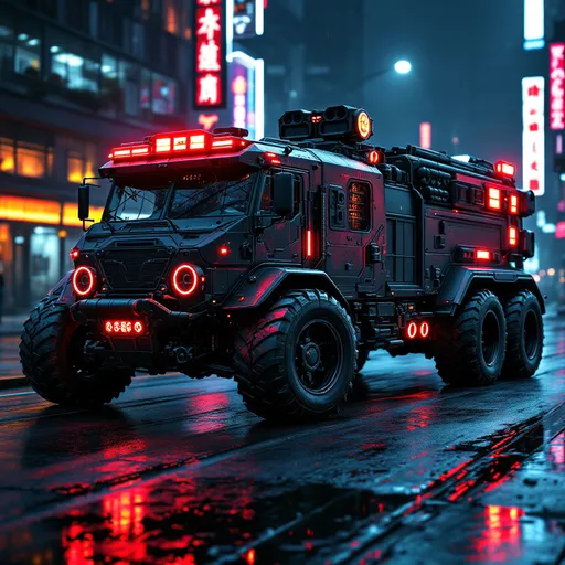 Prompt: heavily modified cyberpunk firetruck operating in gang war zones, single front axle with large wheels, three rear axles on the main chassis, matte black and dark red armor plating, reinforced futuristic body, cyberpunk emergency lights on roof and sides, glowing neon ring lights on all wheels, exposed tactical equipment, armored windows, heavy exhausts, scorched and dirty surfaces, parked on wet asphalt, night dystopian city background, neon reflections on the street, realistic lighting, highly detailed, 8k photoreal render
