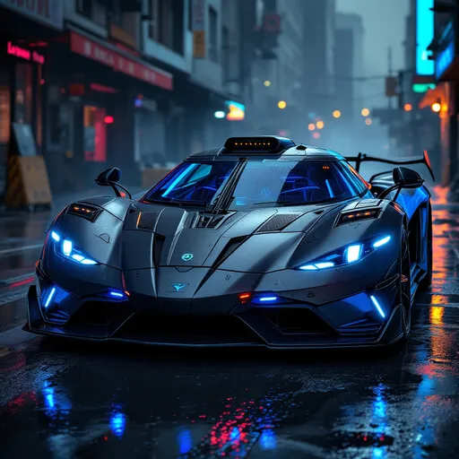 Prompt: armored cyberpunk koenigsegg hypercar designed for tactical urban warfare, matte dark steel and cobalt blue paint, reinforced body panels, heavy-duty front bumper, roof-mounted sensors and thermal optics, embedded missile pods and anti-personnel launchers, bulletproof glass cockpit, neon blue tactical lighting accents, realistic cyberpunk city background with barricades and debris, wet gritty asphalt, photorealistic textures, battle scars, cinematic lighting, 8k render
