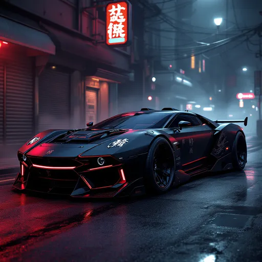 Prompt: cyberpunk luxury assault vehicle modified by yakuza-style gang, sleek matte black body with dark red neon underglow, aggressive silhouette, low stance, silent turbine engine, tinted armored windows, chrome katana details along the sides, kanji engravings on hood and doors, polished reinforced panels, minimalist weapon mounts, dragon or oni motifs engraved in steel, parked in a quiet neon-lit alley at night, light fog, glowing red signage, cyberpunk japanese city background, AI-generated concept

