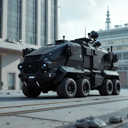 Prompt: Futuristic corporate surveillance and early-warning truck, designed for signal interception and perimeter control in restricted high-tech zones.
Features: armored command cabin, retractable satellite dishes, rotating radar domes, encrypted communication antennas, blue-lit sensor modules.
Appearance: matte black or metallic grey, no weapons, clean lines, brutalist body, elite tactical detailing.
Visual cues: corporate emblems, reinforced compartments, cooling systems, exposed tech panels.
Background: private megacorp facility, high-security urban base, data towers, drone pads, slick industrial architecture.
Vibe: exclusive, elite-only equipment — used to anticipate threats before they surface.
Cinematic, dark corporate tone, detailed lighting, realistic textures, no desert.