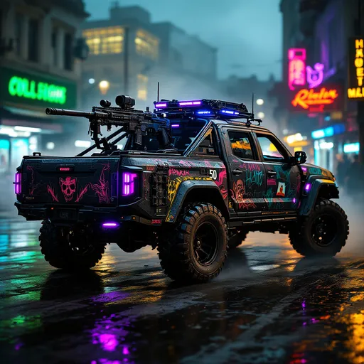 Prompt: Cyberpunk assault pickup truck with an open cargo bed, featuring a mounted .50 caliber heavy machine gun. The vehicle is rugged, brutal, and heavily armored, designed for urban warfare and gang operations.
Style combines cyberpunk militarism with Haitian gang culture — include bright voodoo-inspired graffiti, bone charms, neon talismans, and chaotic tribal paint.
Truck has reinforced panels, spiked wheel rims, LED underglow in cyan and violet, and Haitian flags or religious symbols.
Urban setting, nighttime, with smoke, neon reflections, and a sense of rebellion.
Mad Max x Cyberpunk 2077 x Port-au-Prince gang warfare, cinematic angle.
