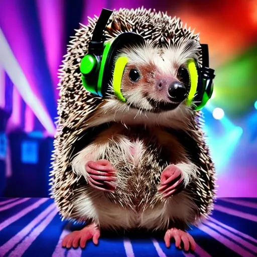 Prompt: hedgehog wearing headphones at a disco with a live grenade