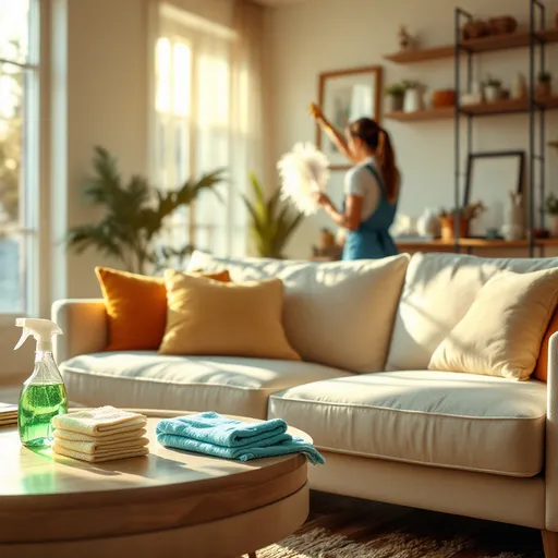 Prompt: sofa cleaning, vibrant cleaning products, sparkling surfaces, cozy living room setting, natural light streaming through windows, casual yet tidy atmosphere, plush sofa with clean cushions, cheerful and rejuvenating vibe, meticulous cleaning techniques displayed, high detail, ultra-detailed, bright color tones, inviting and homely ambiance, professional sheen and finish