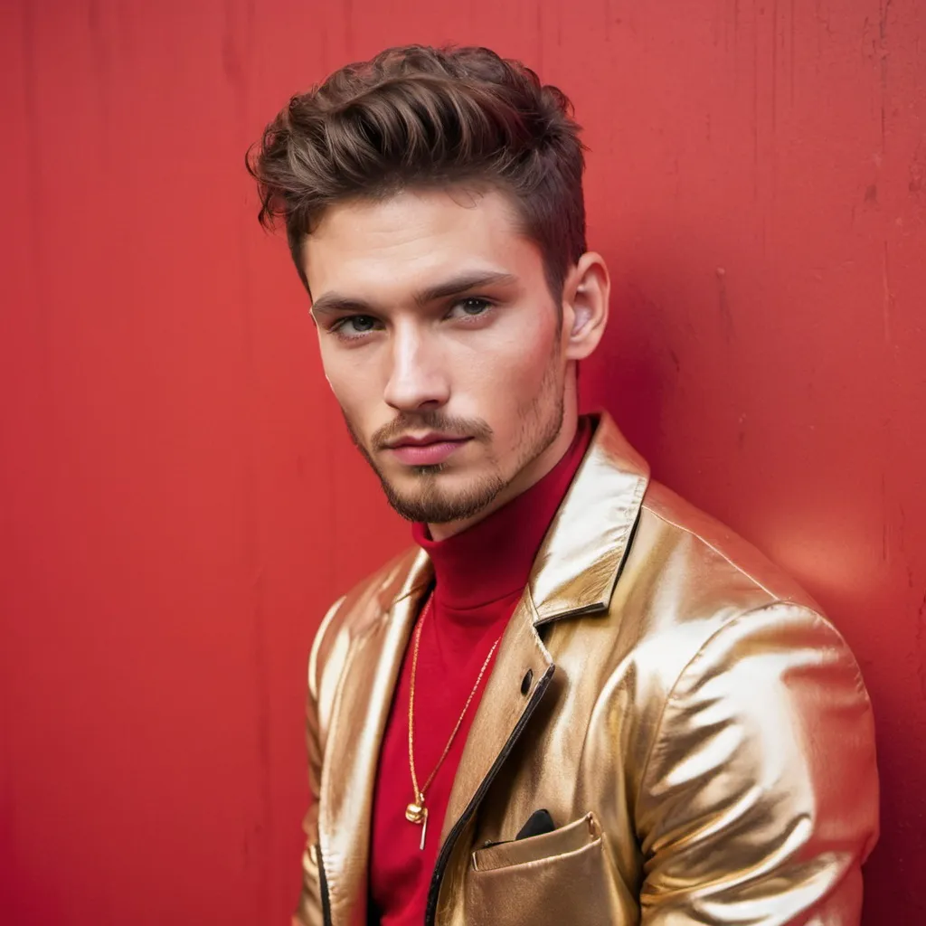 Prompt: a man with a gold jacket and red shirt on posing for a picture in front of a red wall, fashion photography, handsome 20 year old hunk with cheekbones, beard, mannerism